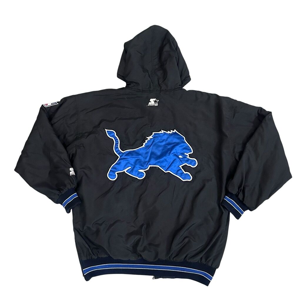 Vintage Detroit Lions Starter Jacket Mens Medium M Black Puffer Hooded 90s Flaws